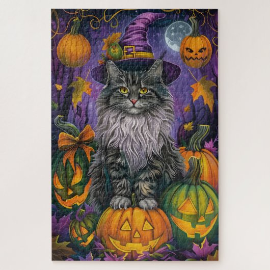 Spooky Siberische kat Halloween heks en pompoen Legpuzzel (Verticaal)