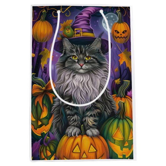 Spooky Siberische kat Halloween heks en pompoen Medium Cadeauzakje (Voorkant)
