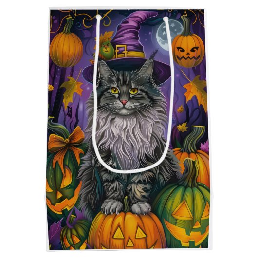 Spooky Siberische kat Halloween heks en pompoen Medium Cadeauzakje (Achterkant)