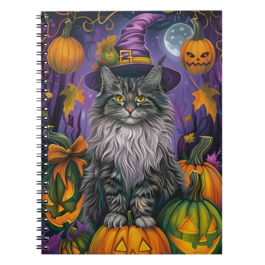 Spooky Siberische kat Halloween heks en pompoen Notitieboek (Voorkant)