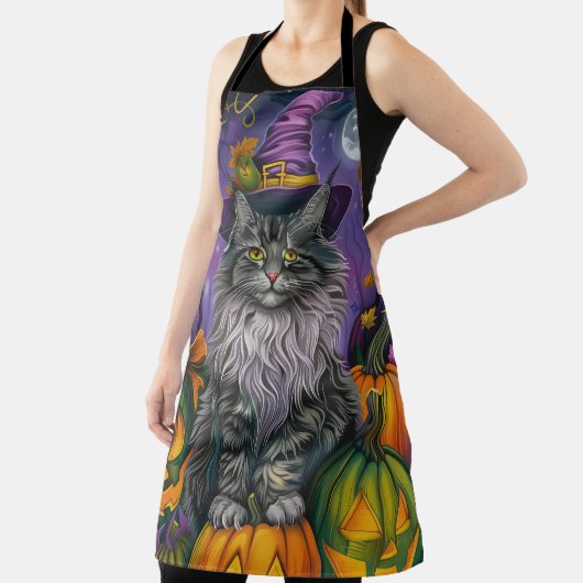 Spooky Siberische kat Halloween heks en pompoen Schort (Insitu)