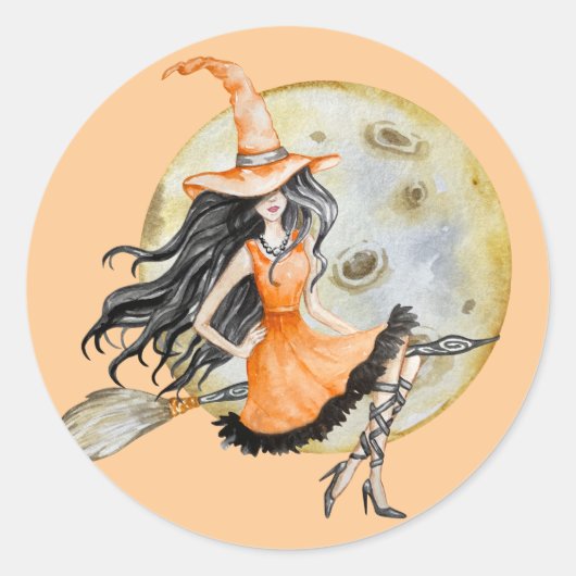 Spooky Sinaasappel en zwart Waterverf Heks Hallowe Ronde Sticker (Voorkant)