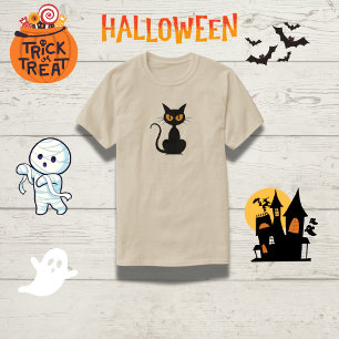 Spooky Sinaasappel-Eyed Black Cat Halloween T-shirt
