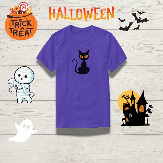 Spooky Sinaasappel-Eyed Zwart Kat Halloween T-shir T-shirt