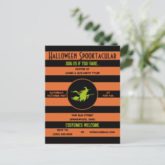 Spooky Sinaasappel, zwart en groen Halloween Party Uitnodiging Briefkaart (Staand voorkant)