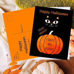 Spooky Sinaasappel Zwart Kat Trick or treat Hallow Briefkaart