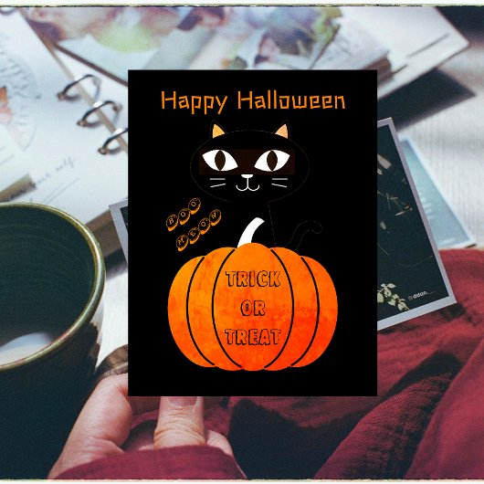 Spooky Sinaasappel Zwart Kat Trick or treat Hallow Briefkaart