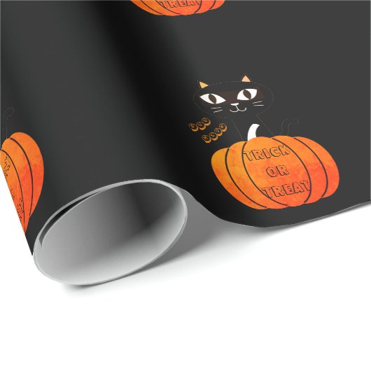 Spooky Sinaasappel Zwart Kat Trick or treat Hallow Cadeaupapier (Rol Hoek)