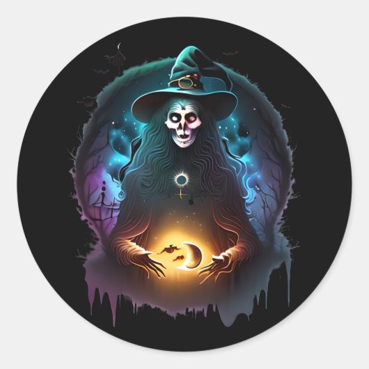 Spooky sinister heks 's nachts ronde sticker (Voorkant)