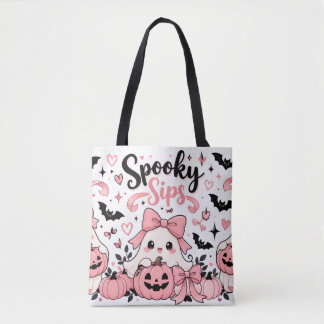 Spooky Sips Roze Coquette Halloween Geesten Strikk Tote Bag
