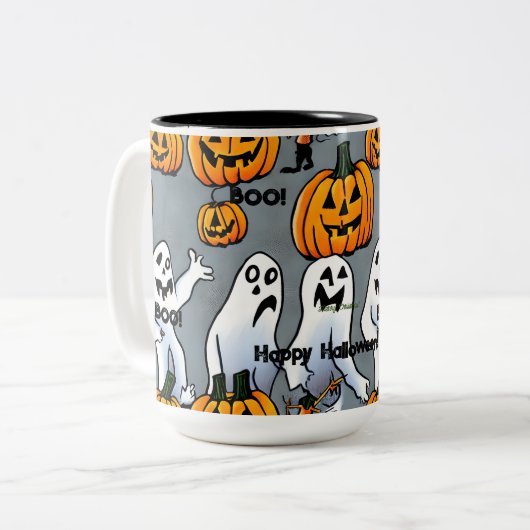 Spooky Sips: Spooky Ghost & Pumpkin Halloween Mok (Voorkant links)
