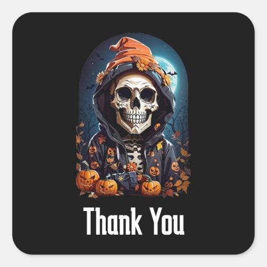 Spooky Skelet met Evil Pumpkins Dank je Vierkante Sticker (Voorkant)