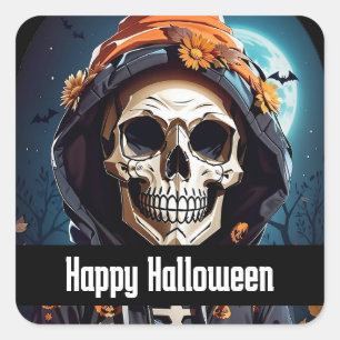 Spooky Skelet met Evil Pumpkins Halloween Vierkante Sticker