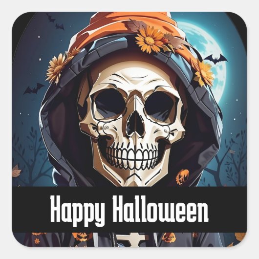 Spooky Skelet met Evil Pumpkins Halloween Vierkante Sticker (Voorkant)