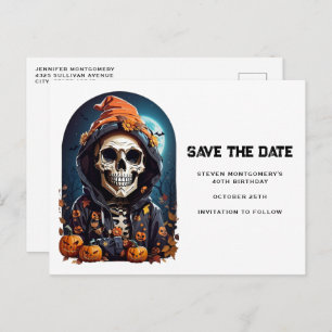 Spooky Skelet met Evil Pumpkins Save the Date Uitnodiging Briefkaart