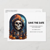 Spooky Skelet met Evil Pumpkins Save the Date Uitnodiging Briefkaart (Voorkant / Achterkant)