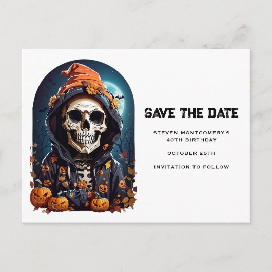 Spooky Skelet met Evil Pumpkins Save the Date Uitnodiging Briefkaart (Voorkant)
