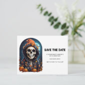 Spooky Skelet met Evil Pumpkins Save the Date Uitnodiging Briefkaart (Staand voorkant)