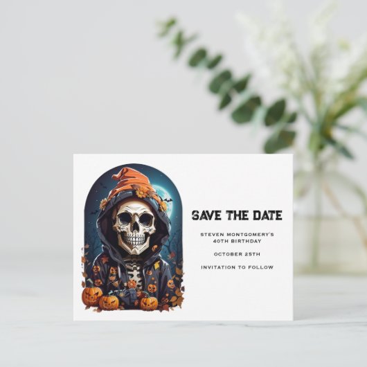 Spooky Skelet met Evil Pumpkins Save the Date Uitnodiging Briefkaart (Staand voorkant)