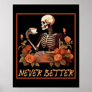Spooky skelet met koffie en bloemen Halloween Poster