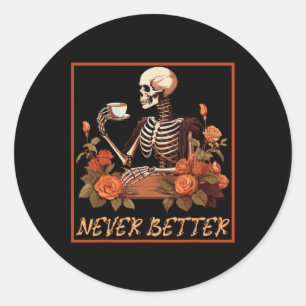 Spooky skelet met koffie en bloemen Halloween Ronde Sticker