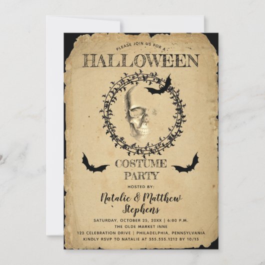 Spooky Skeleton Bat Wreath Halloween Costume Party Kaart (Voorkant)