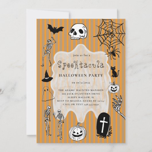 Spooky Skeleton Black Cat Bat Halloween Party Kaart (Voorkant)