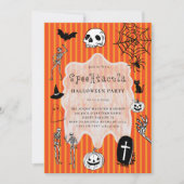Spooky Skeleton Black Cat Bat Halloween Party Kaart (Voorkant)