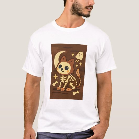 Spooky Skeleton Cat and Ghost T-Shirt (Voorkant)