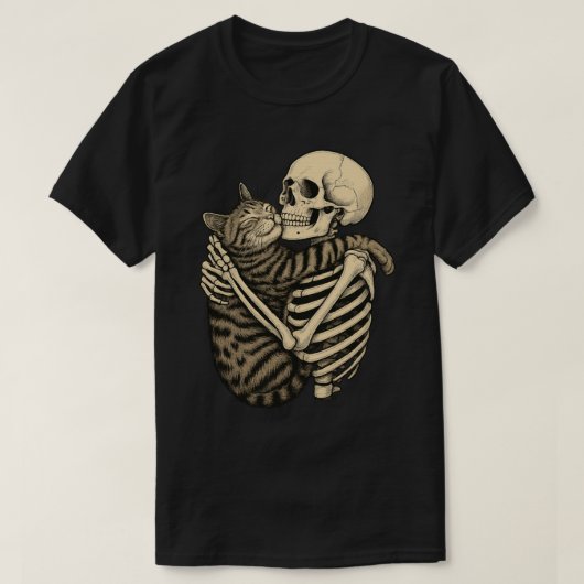 Spooky Skeleton & Cat Hug – griezelig Schattige Ha T-shirt (Design voorkant)