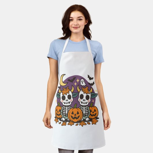 Spooky Skeleton Cows All-Over Print Apron, Medium Schort (Gedragen)