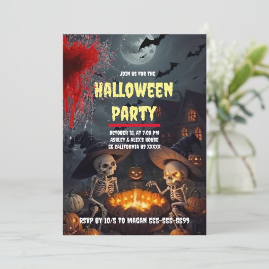 Spooky Skeleton Custom Halloween Party Invitation Kaart (Staand voorkant)