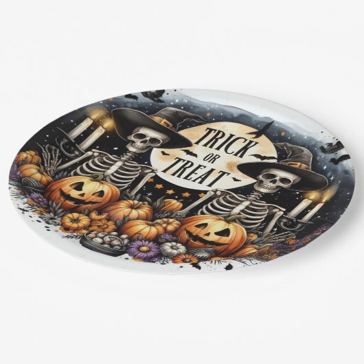 Spooky Skeleton Duo – Trick or Treat Paper Plates Papieren Bordje (Gekanteld)
