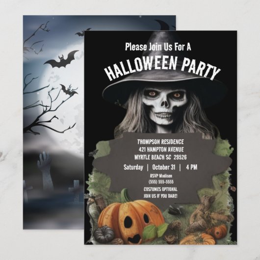 Spooky Skeleton Halloween Party Kaart (Voorkant / Achterkant)