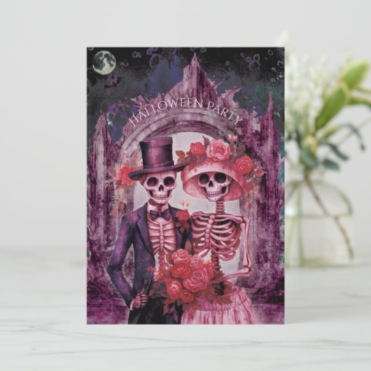 Spooky Skeleton Halloween Party Kaart (Staand voorkant)