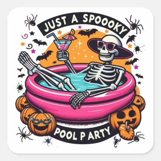 Spooky Skeleton Halloween Pool Party Design! Vierkante Sticker (Voorkant)