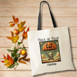 Spooky Skeleton in Pumpkin Parachute, Halloween Tote Bag