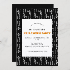 Spooky Skeleton Pattern Black Halloween Party Kaart