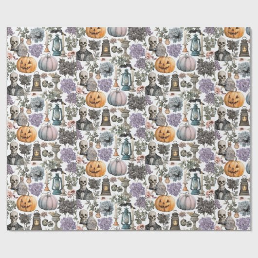 Spooky Skeleton & Pumpkin Halloween inpakpapier (Vlak)