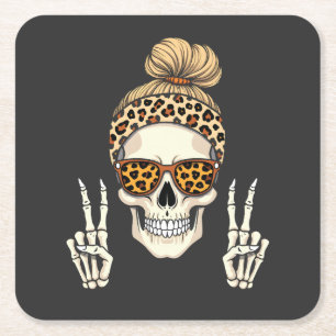 Spooky Skeleton Skull Leopard Halloween Mom Kartonnen Onderzetters