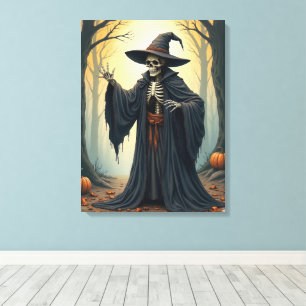 Spooky Skeleton Witch in het spookachtige bos Hall Canvas Afdruk