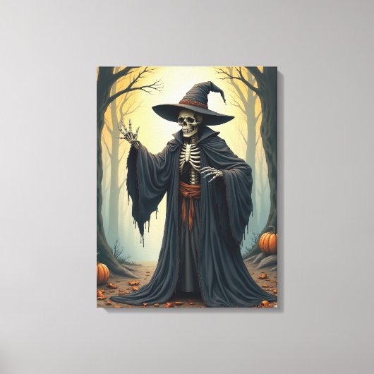 Spooky Skeleton Witch in het spookachtige bos Hall Canvas Afdruk (Voorkant)