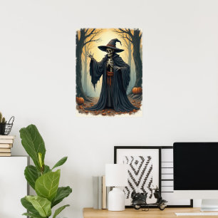 Spooky Skeleton Witch in het spookachtige bos Hall Poster