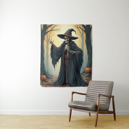 Spooky Skeleton Witch in het spookachtige bos Hall Wandkleed (In situ)