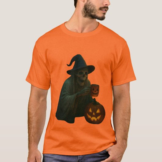 Spooky Skeleton Witch met Pumpkin Glow T-shirt (Voorkant)