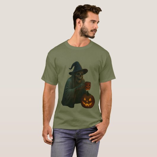 Spooky Skeleton Witch met Pumpkin Glow T-shirt (Voorkant volledig)