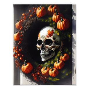 Spooky Skull and Pumpkin Wreath Foto Afdruk