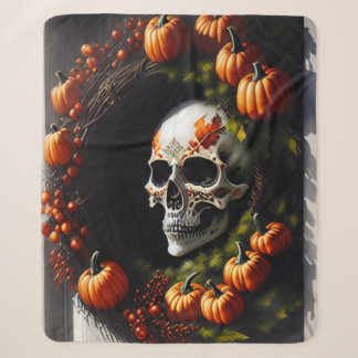 Spooky Skull and Pumpkin Wreath Sherpa Deken
