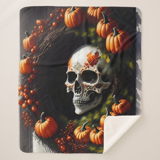 Spooky Skull and Pumpkin Wreath Sherpa Deken (Voorkant)