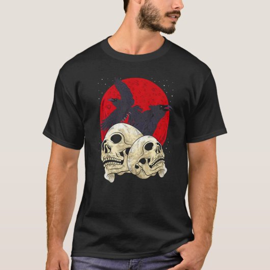 Spooky Skull Creepy Skeleton Head Crow Gothic Bird T-shirt (Voorkant)